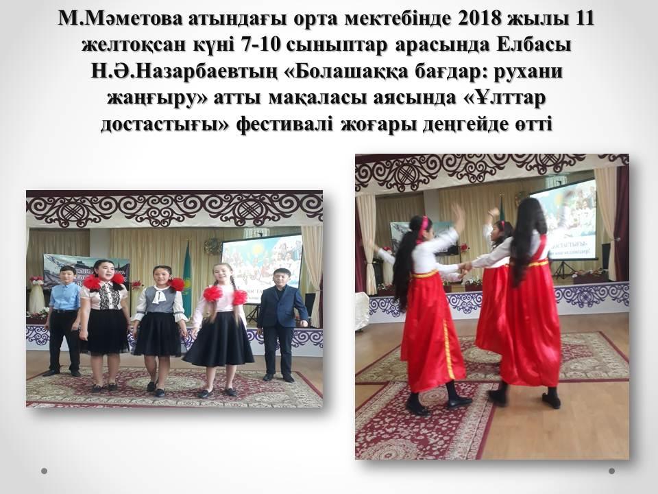М.Мәметова атындағы орта мектебінде 2018 жылы 11 желтоқсан күні 7-10 сыныптар арасында Елбасы Н.Ә.Назарбаевтың «Болашаққа бағдар: рухани жаңғыру» атты мақаласы аясында «Ұлттар достастығы» фестивалі жоғары деңгейде өтті